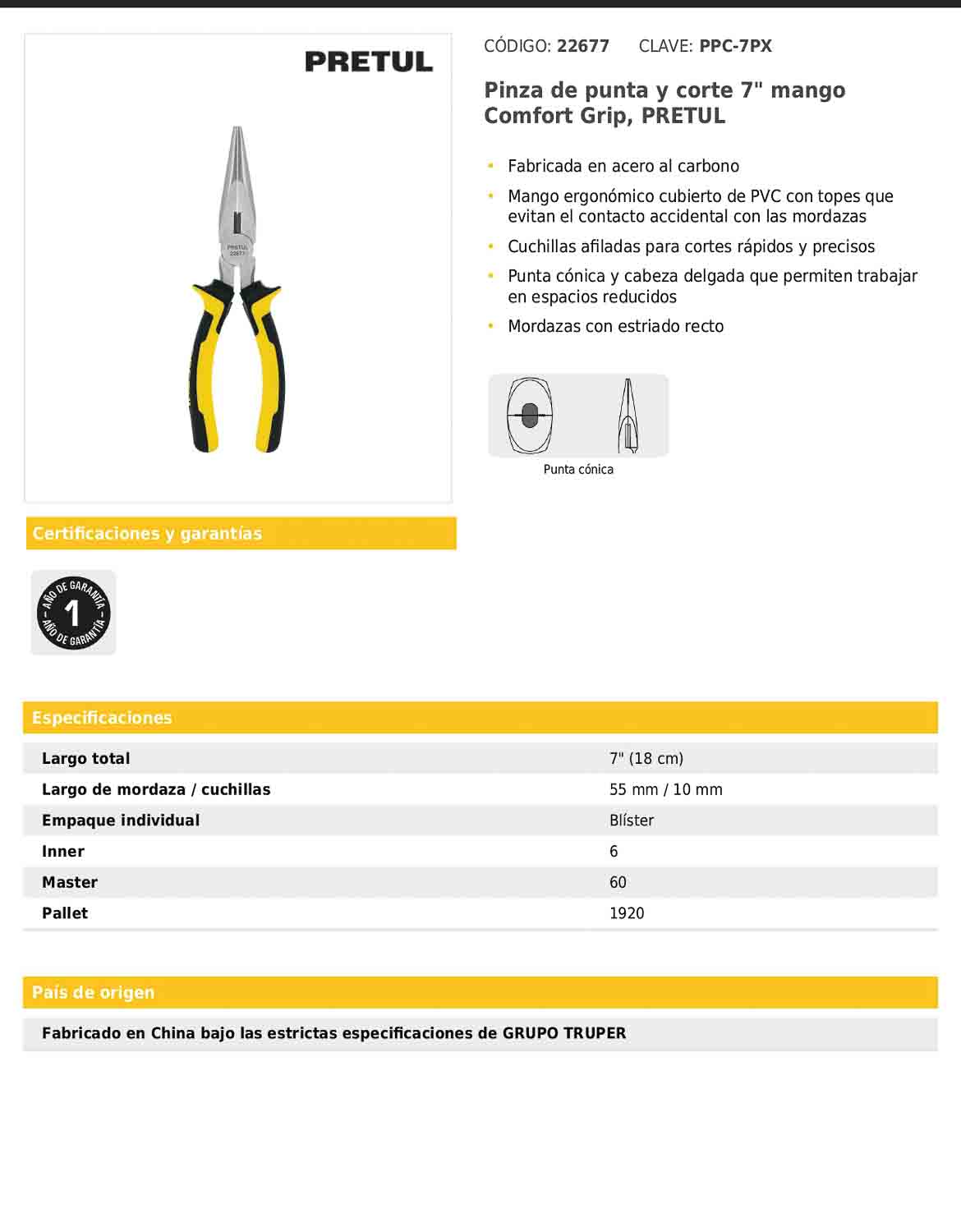 Pinza de punta y corte de 18 cm con mango Comfort Grip