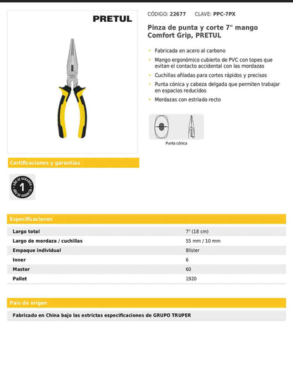 Pinza de punta y corte de 18 cm con mango Comfort Grip