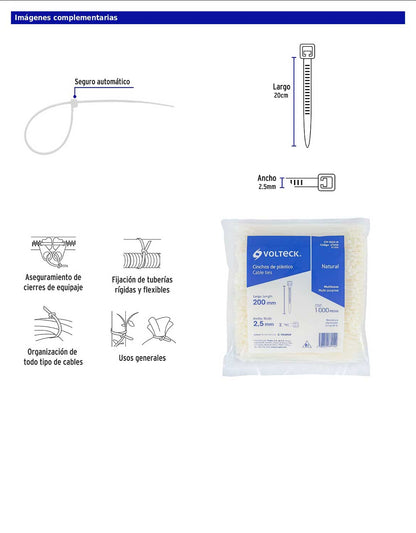 Bolsa con 1000 cinchos plásticos 18 lb de 200 x 2.5 mm natural