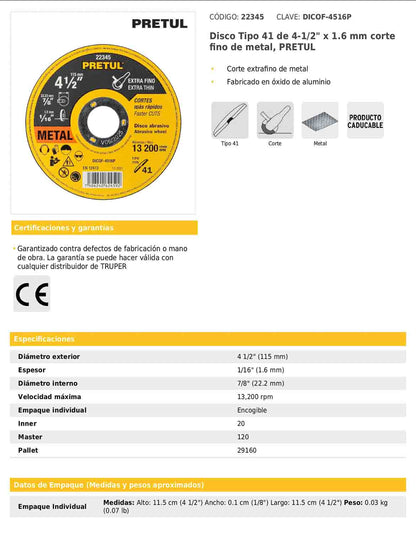 Disco de corte fino para metal de 4 1/2 pulgadas con espesor de 1.6 mm