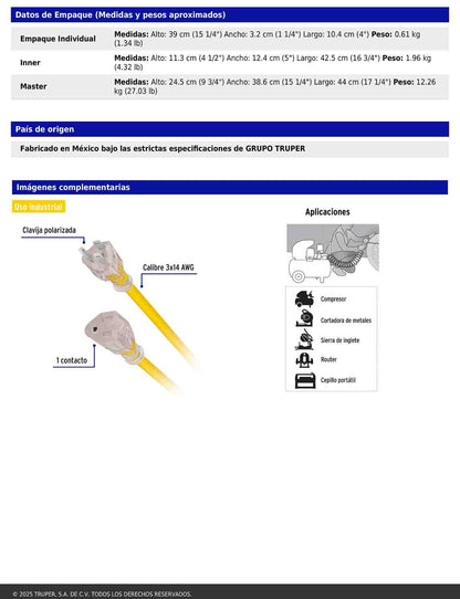 Extensión reforzada aterrizada 4 m 3x14 AWG