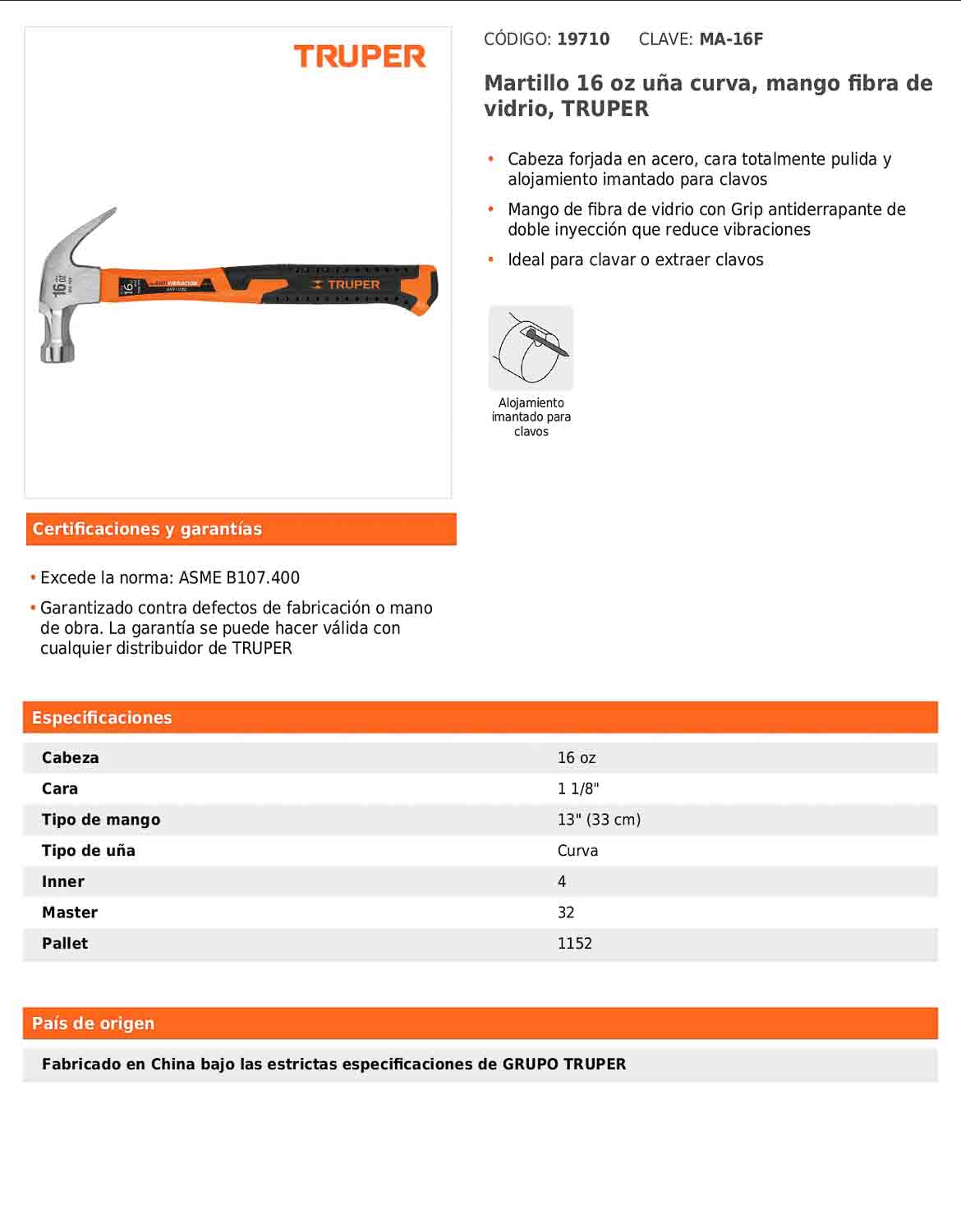 Martillo de uña curva de 16 oz con mango de fibra de vidrio
