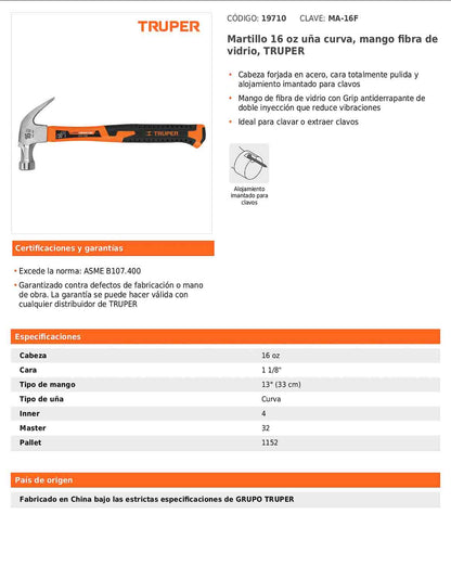 Martillo de uña curva de 16 oz con mango de fibra de vidrio