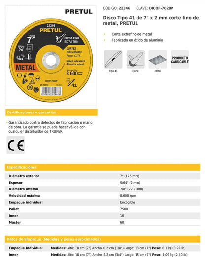 Disco de corte fino para metal de 7 pulgadas con espesor de 2 mm