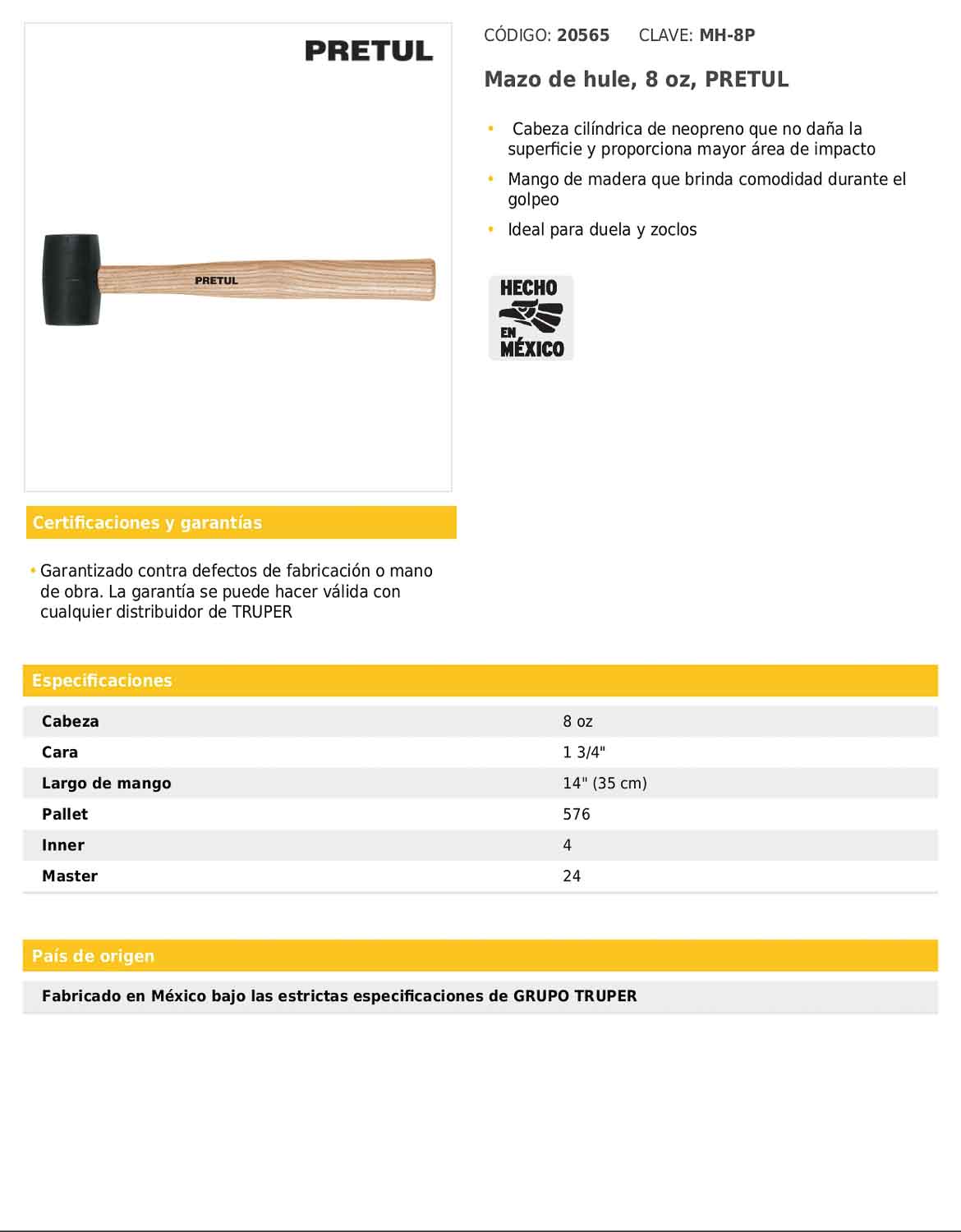 Mazo de hule de 8 oz con mango de madera