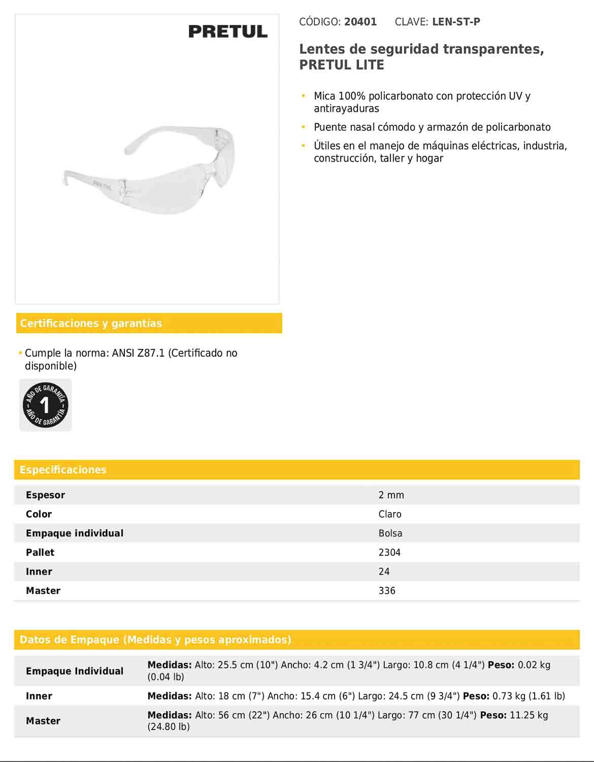 Lentes de seguridad transparentes PRETUL LITE (LEN-ST-P)