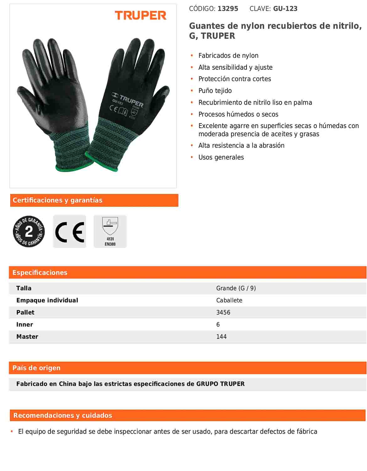 Guantes de nylon recubiertos de nitrilo grande