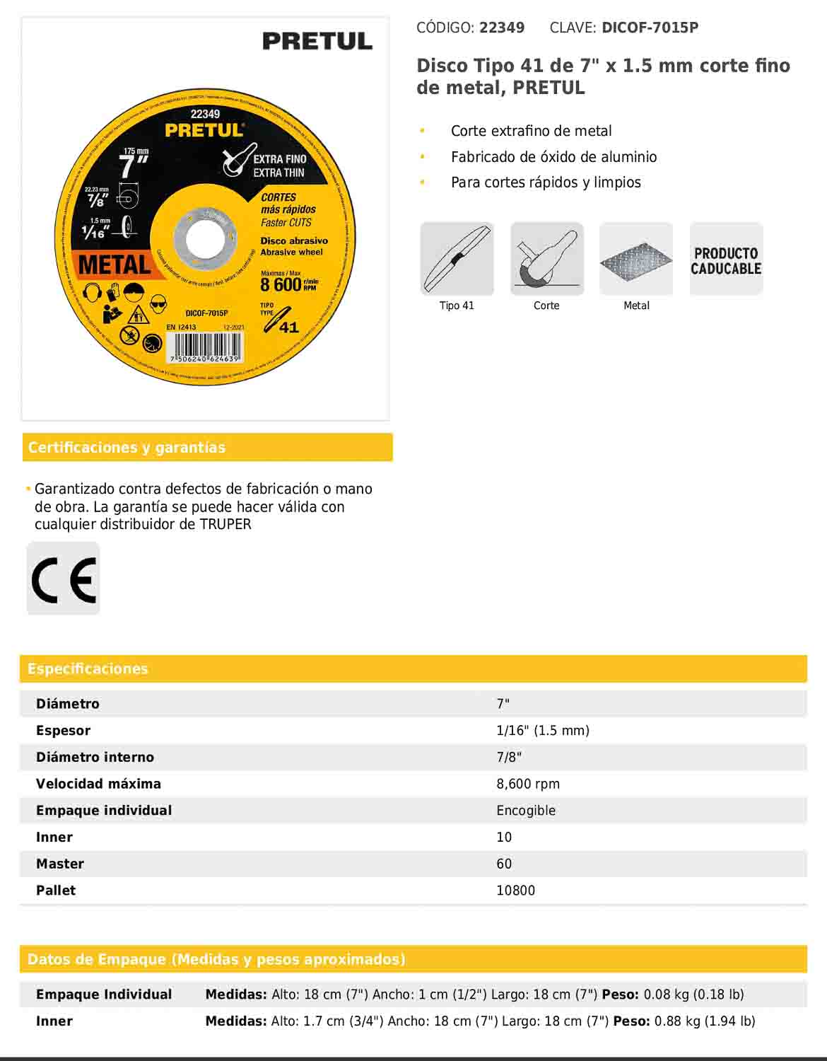 Disco de corte fino para metal de 7 pulgadas con espesor de 1.5 mm