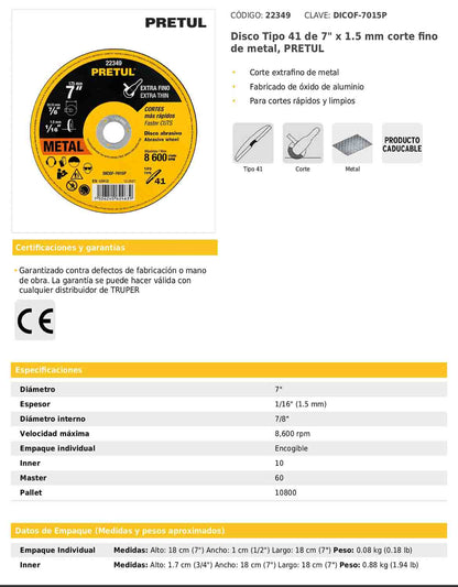Disco de corte fino para metal de 7 pulgadas con espesor de 1.5 mm