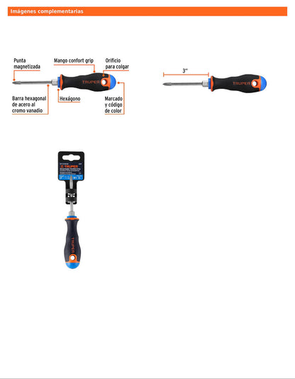 Desarmador de cruz de 3/16 con barra de 7.62 cm y mango Comfort Grip