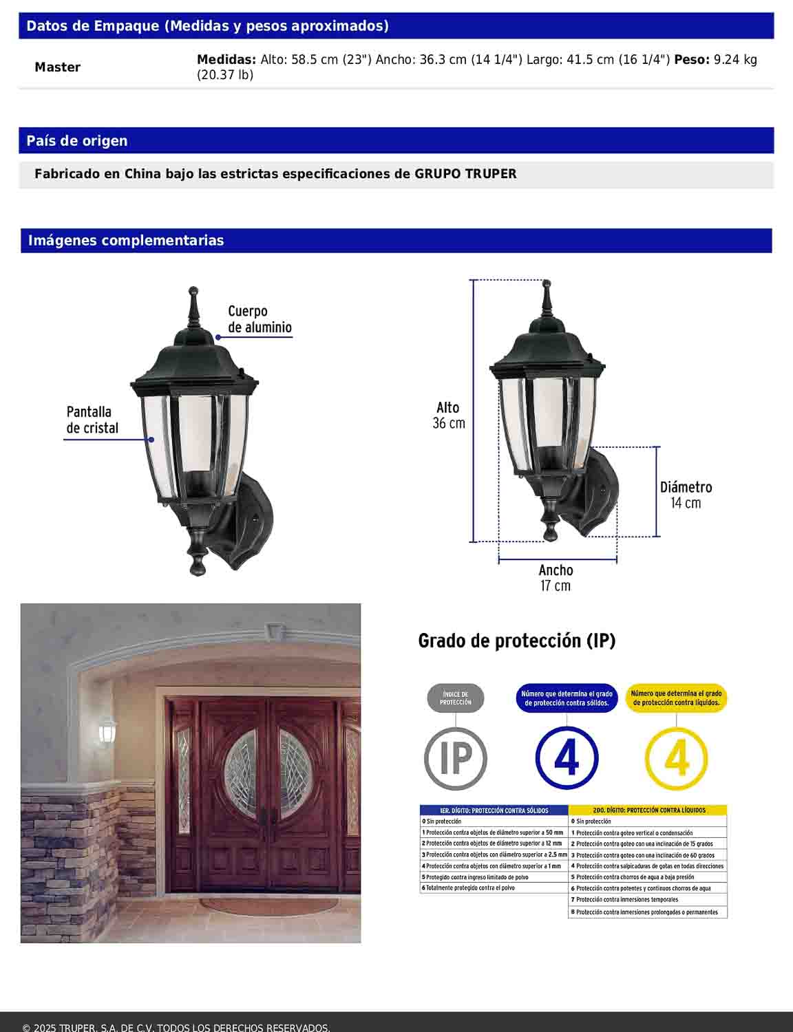 Arbotante tipo farol tradicional soportado para exterior color negro
