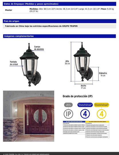 Arbotante tipo farol tradicional soportado para exterior color negro