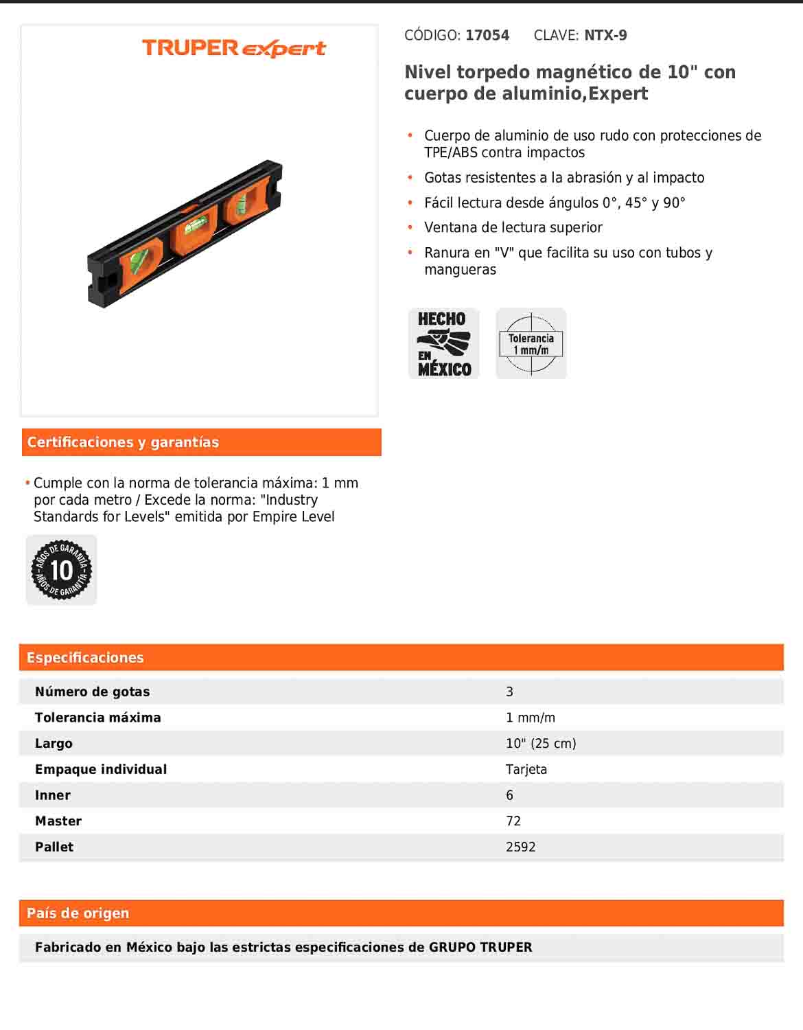 Nivel torpedo magnético de 10" con cuerpo de aluminio