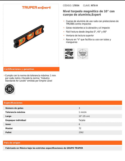 Nivel torpedo magnético de 10" con cuerpo de aluminio