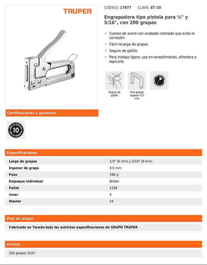 Engrapadora tipo pistola para grapas de 1/4 y 5/16 con seguro de gatillo
