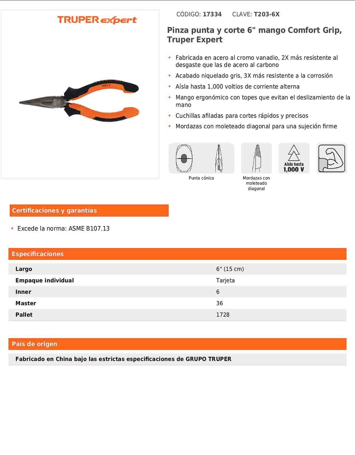 Pinza punta y corte 6" con mango Comfort Grip