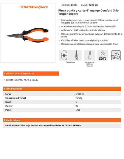Pinza punta y corte 6" con mango Comfort Grip
