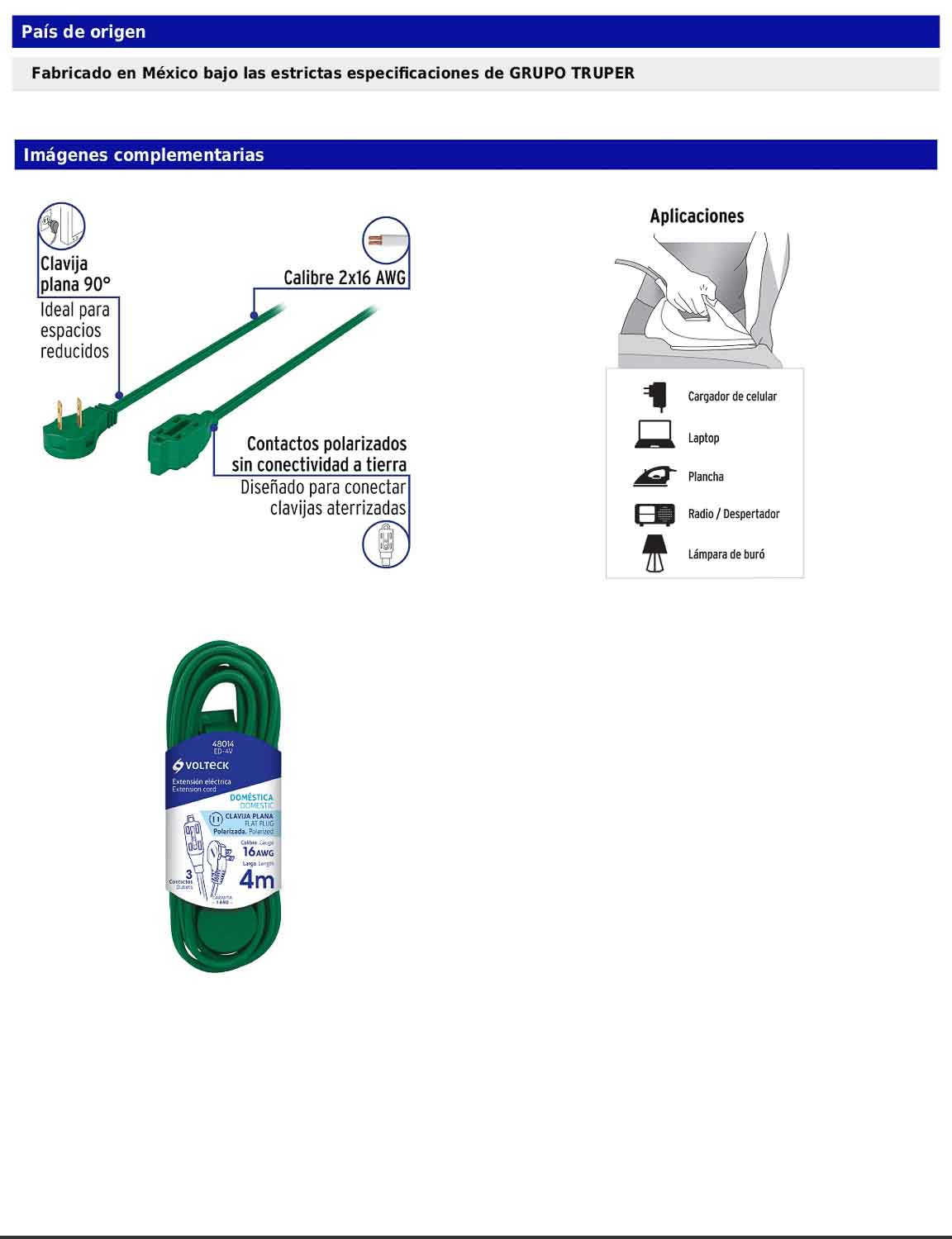 Extensión eléctrica doméstica de 4 m con clavija plana verde