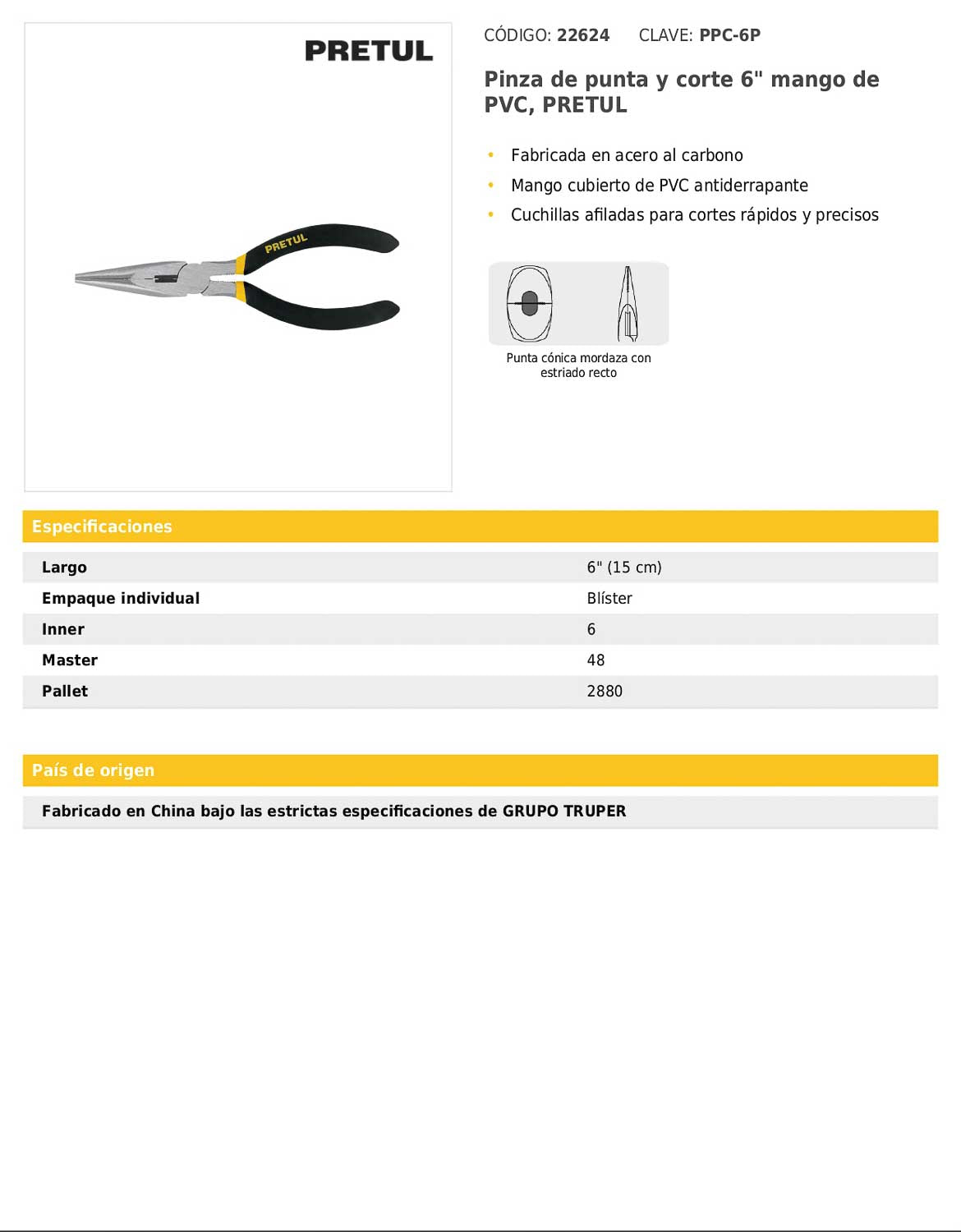 Pinza de punta y corte de 15 cm con mango de PVC