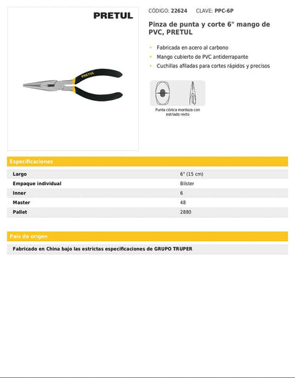 Pinza de punta y corte de 15 cm con mango de PVC