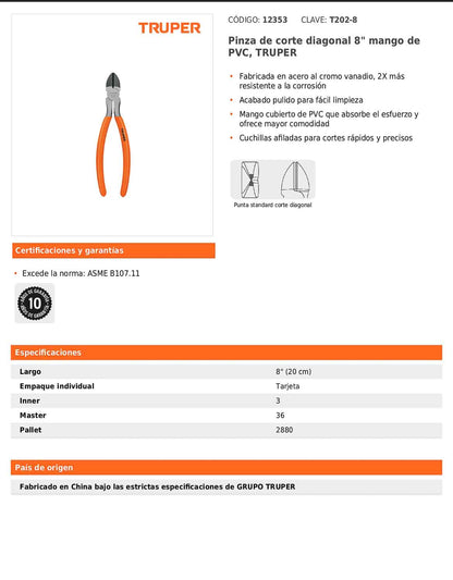 Pinza de corte diagonal de 20 cm con mango de PVC