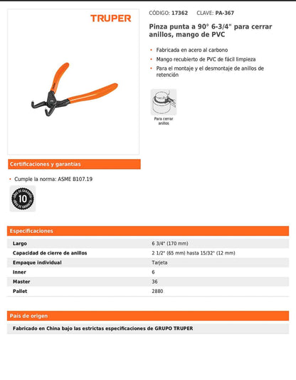 Pinza de punta a 90 grados de 6 3/4 pulgadas para cerrar anillos con mango de PVC