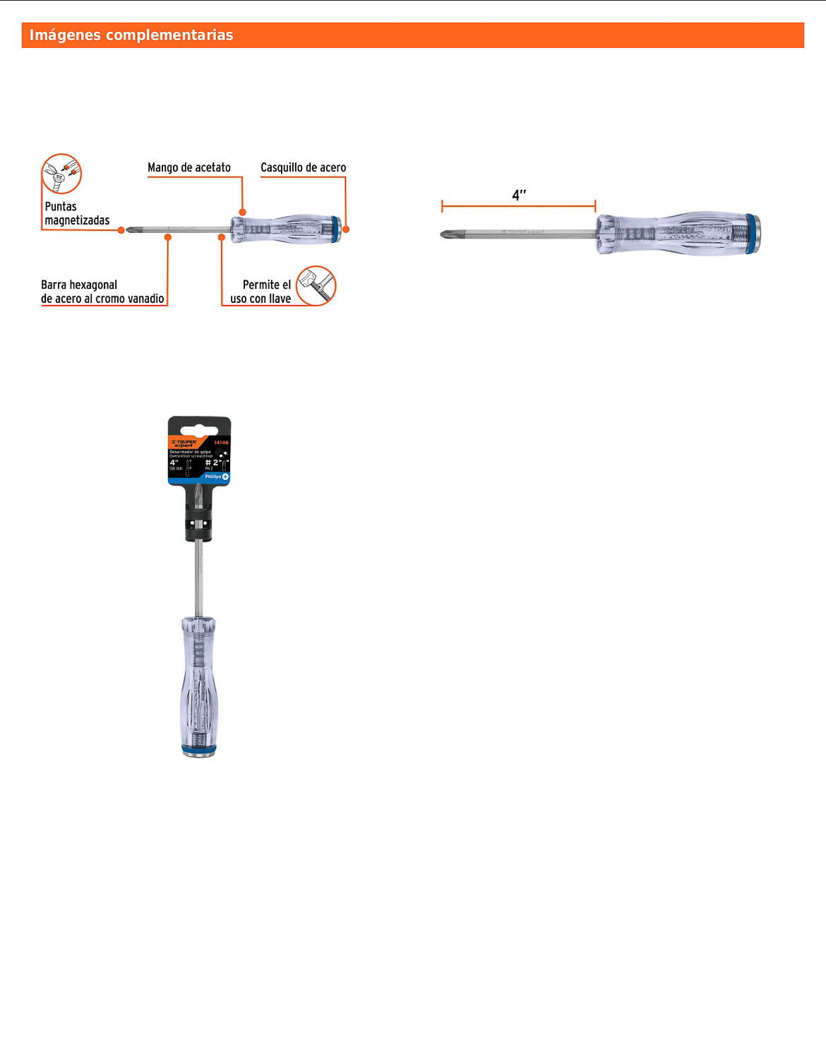 Desarmador de cruz de golpe de PH2 x 4 con barra hexagonal