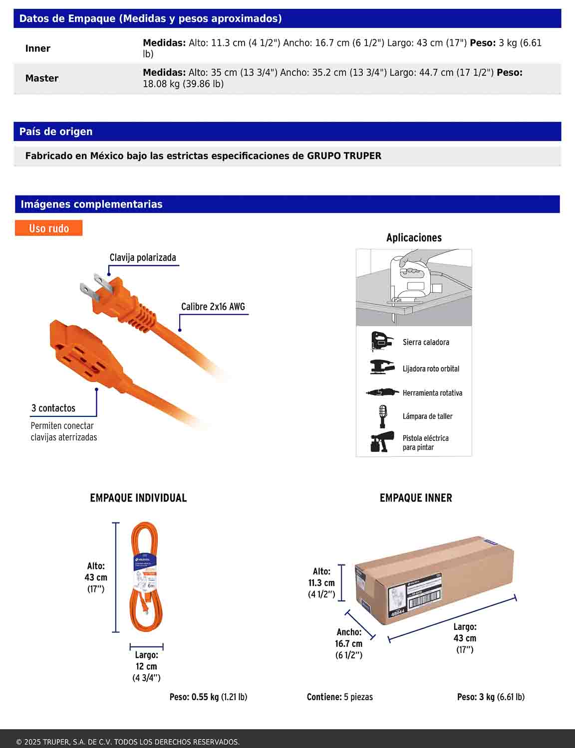 Extensión eléctrica de uso rudo de 6 m con calibre 2x16 AWG