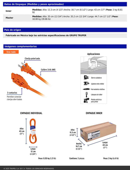 Extensión eléctrica de uso rudo de 6 m con calibre 2x16 AWG