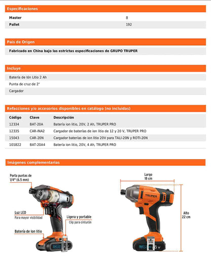 Destornillador de impacto inalámbrico de 1/4 in con batería 20 V y torque de 140 Nm