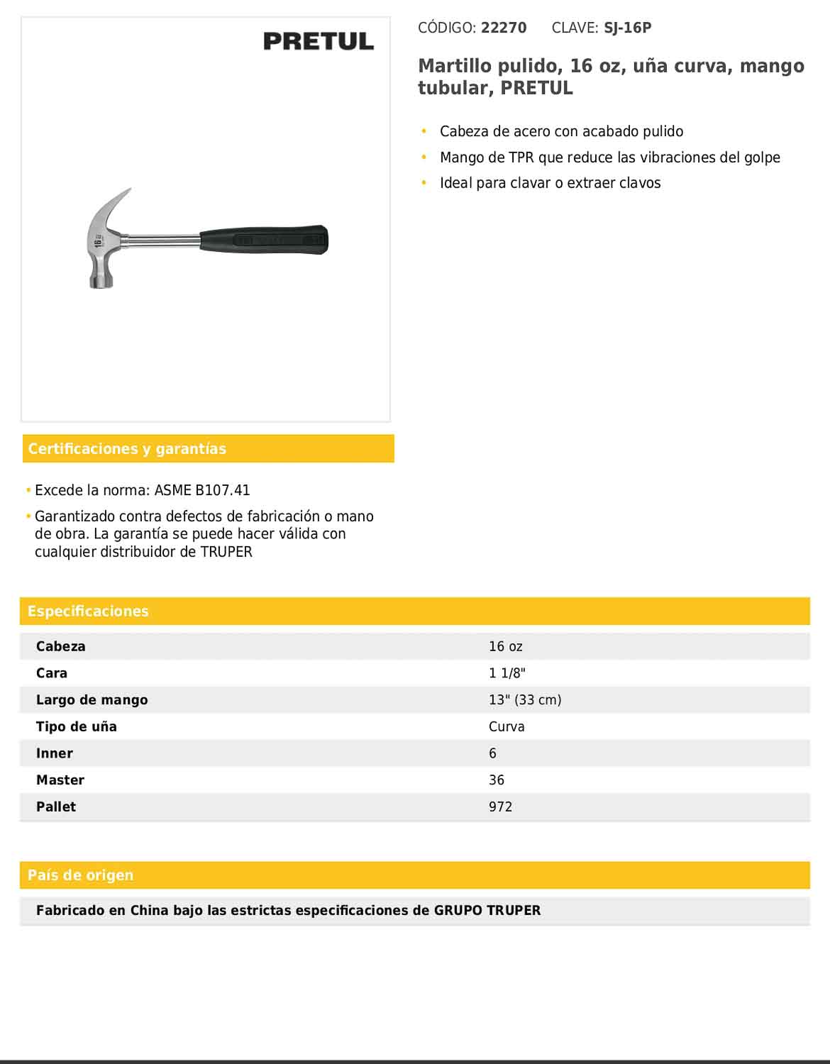 Martillo pulido de 16 oz con uña curva y mango tubular