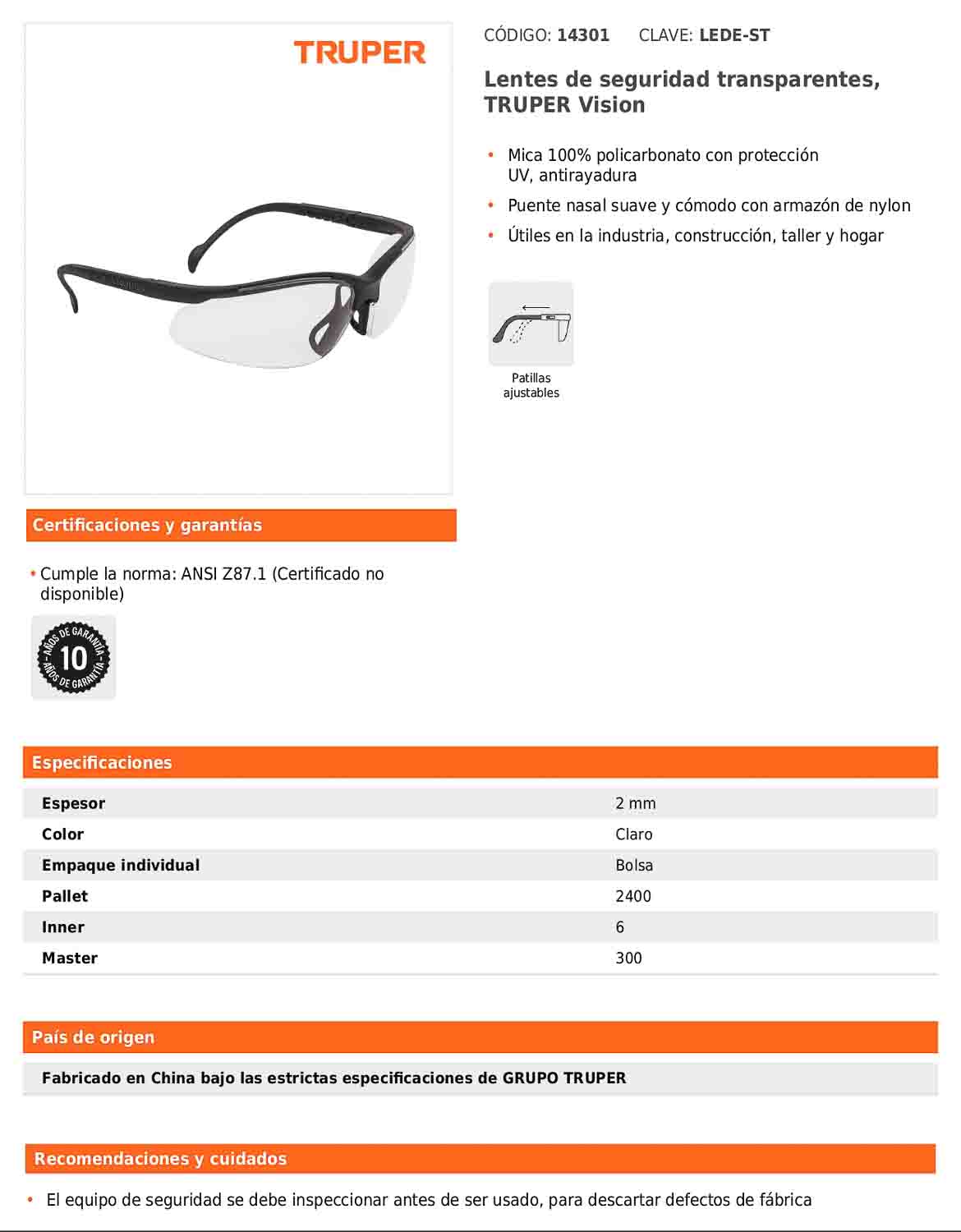Lentes de seguridad transparentes con mica de policarbonato y patillas ajustables