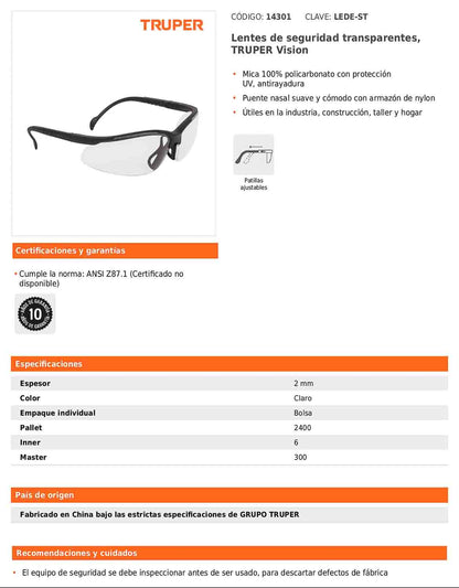 Lentes de seguridad transparentes con mica de policarbonato y patillas ajustables