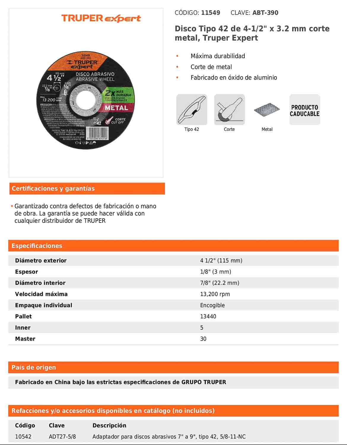 Disco de corte para metal de 4 1/2 pulgadas con espesor de 3 mm