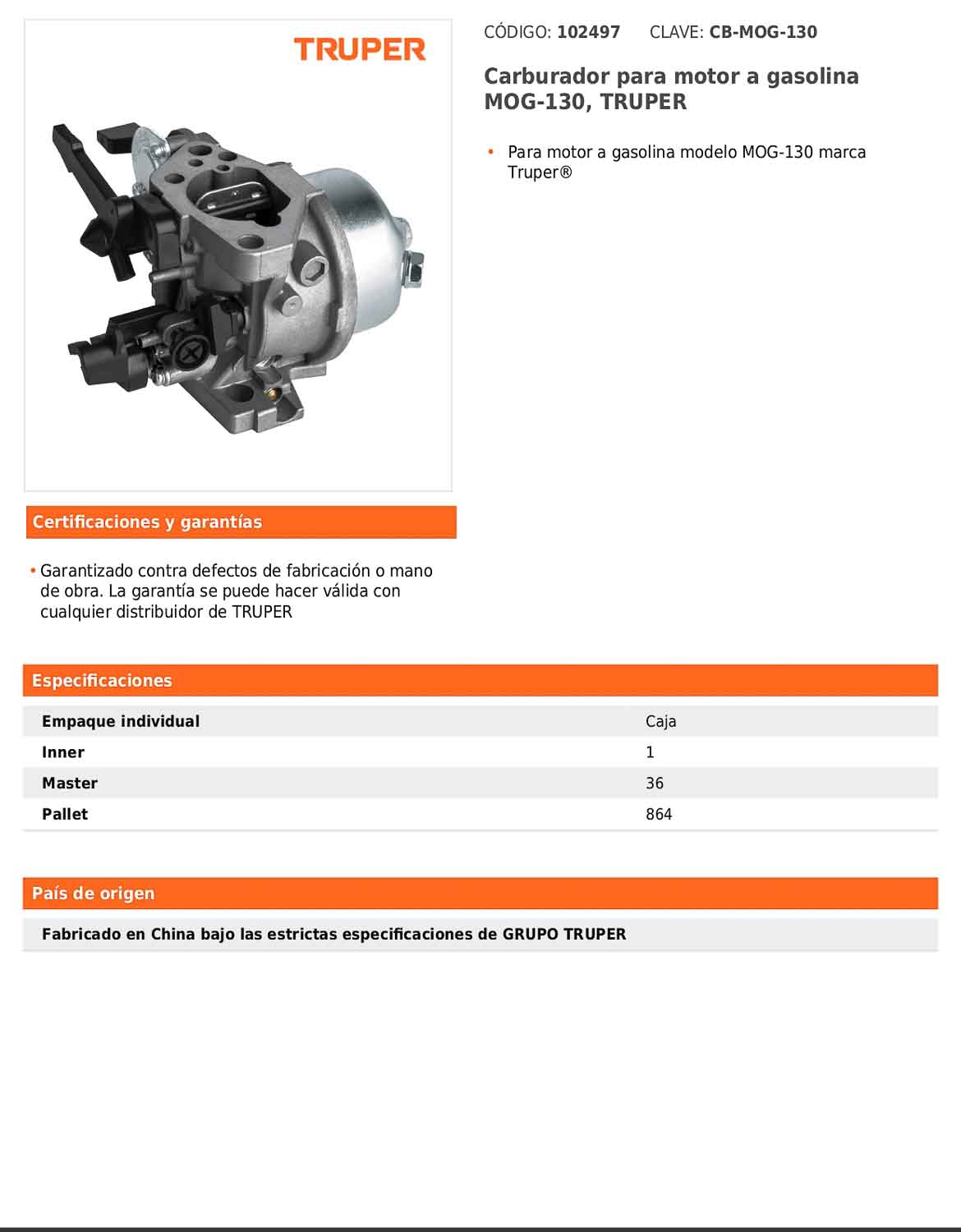 Carburador para motor a gasolina MOG-130