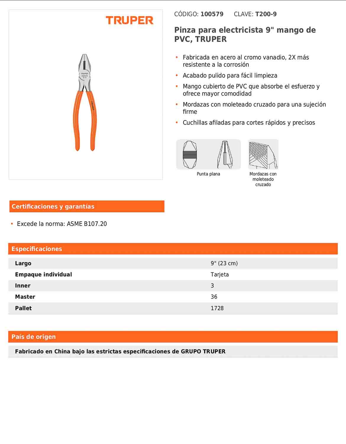 Pinza para electricista 9" con mango PVC