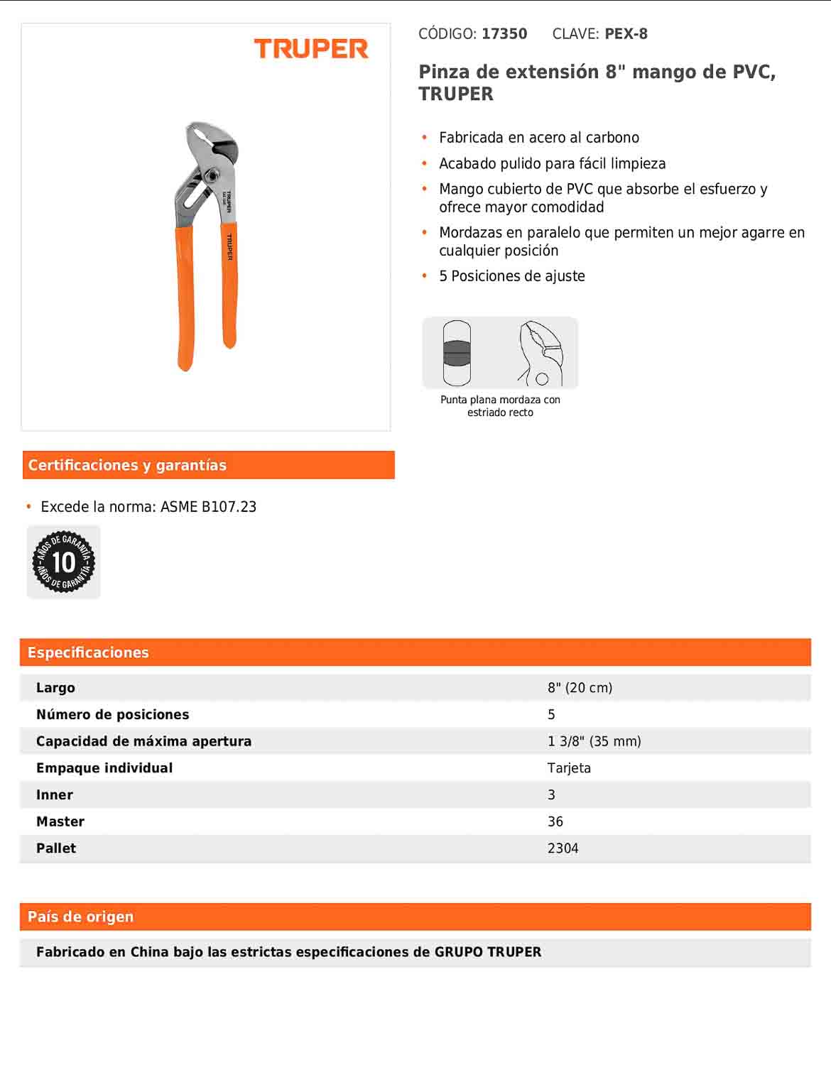 Pinza de extensión de 20 cm con mango de PVC