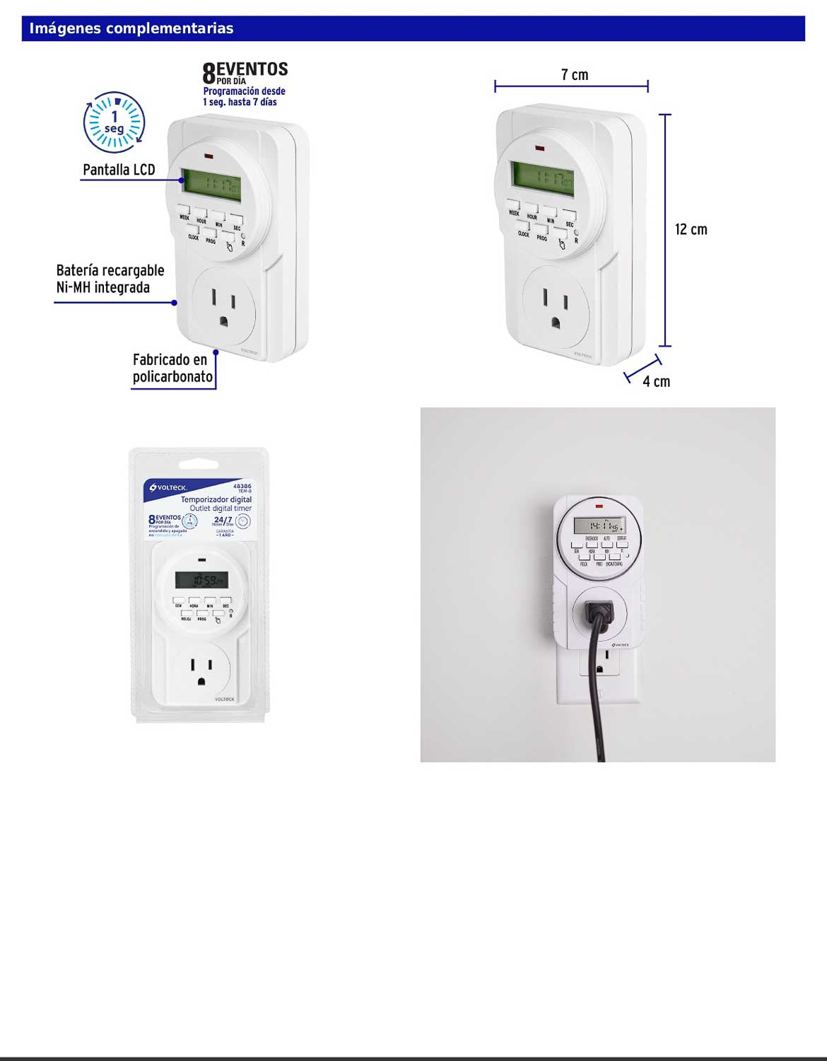 Temporizador digital de 8 eventos de 125 V con pantalla LCD