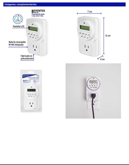 Temporizador digital de 8 eventos de 125 V con pantalla LCD