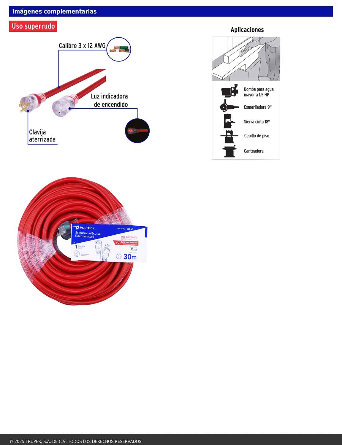 Extensión reforzada aterrizada 30 m 3x12 AWG