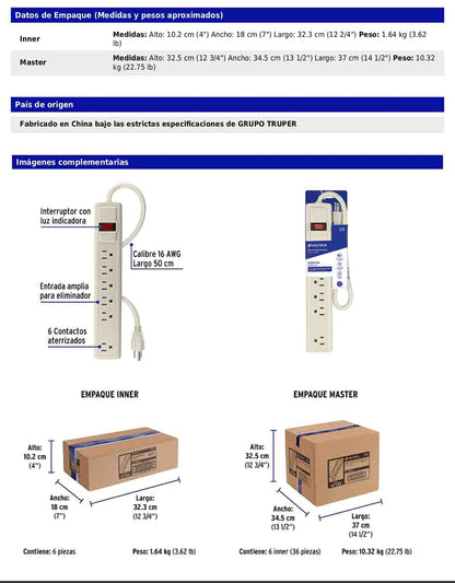 Regleta multicontacto de 6 entradas calibre 16 AWG para uso rudo