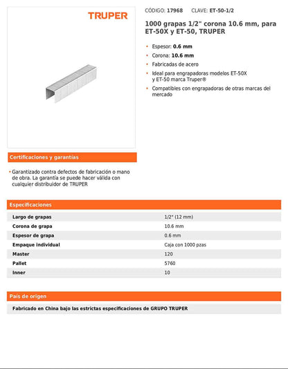 Grapas de 1/2 pulgadas con corona de 10.6 mm para engrapadoras tipo pistola