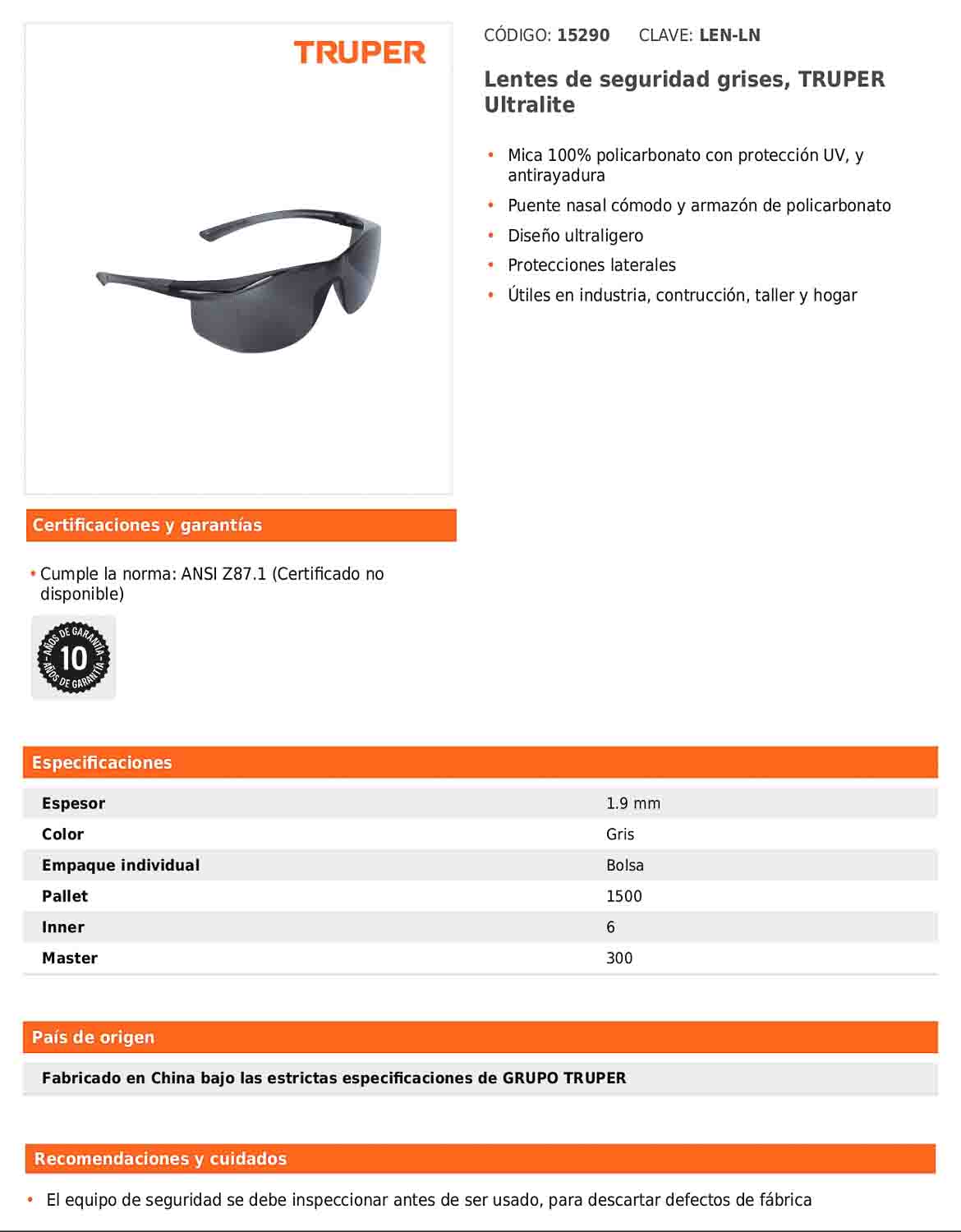 Lentes de seguridad grises TRUPER Ultralite (LEN-LN)