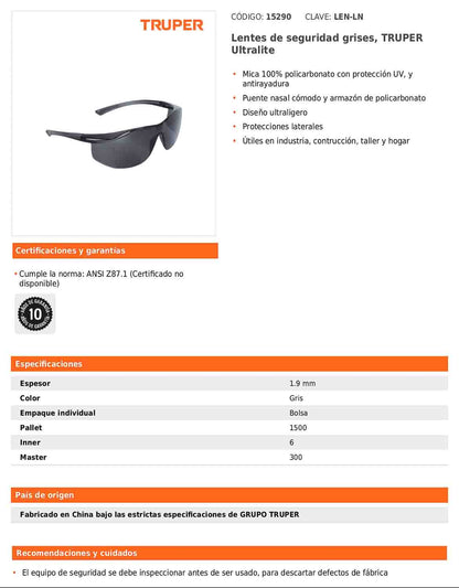 Lentes de seguridad grises TRUPER Ultralite (LEN-LN)