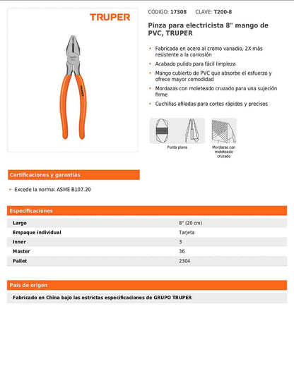 Pinza para electricista 8" uso rudo con mango PVC