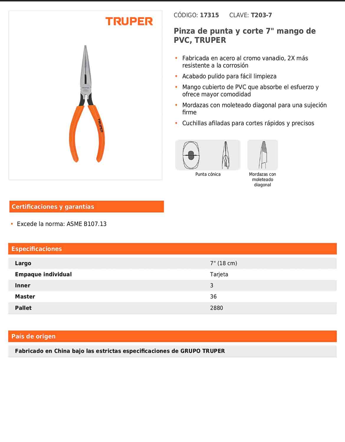 Pinza de punta y corte de 18 cm con mango de PVC