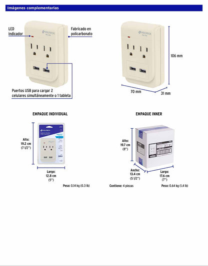 Multicontacto de 4 entradas con 2 puertos USB de 127 V y 15 A con protección de 300 J