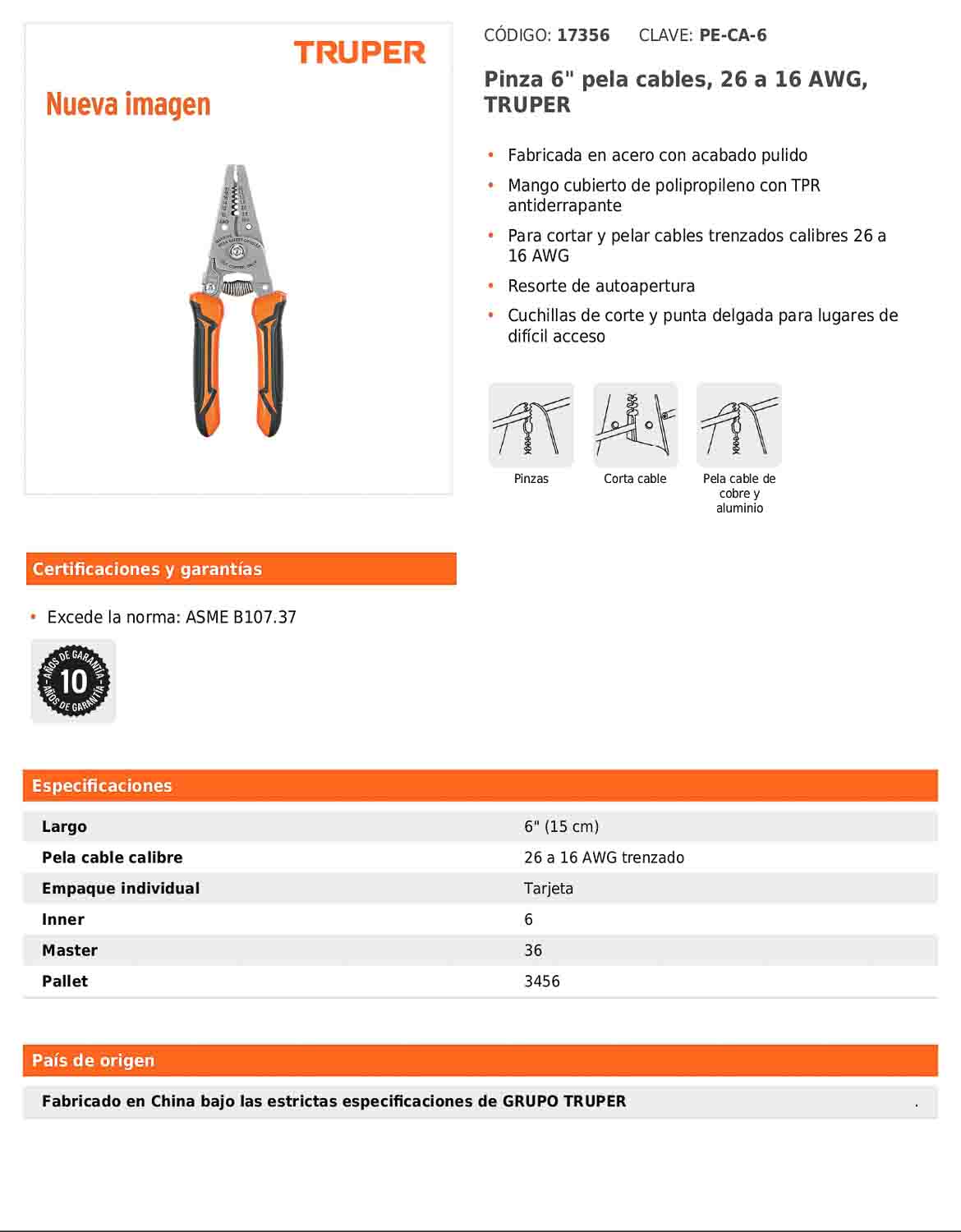 Pinza para pelar cables de 6 pulgadas para cable trenzado calibre 26 a 16 AWG