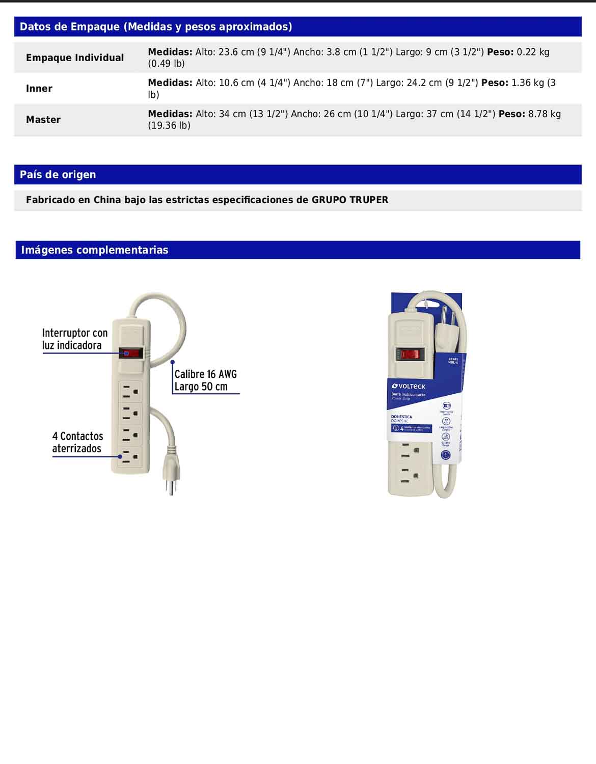 Regleta multicontacto de 4 entradas calibre 16 AWG para uso rudo