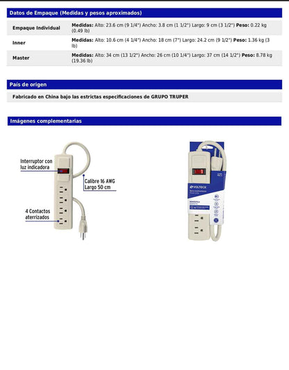 Regleta multicontacto de 4 entradas calibre 16 AWG para uso rudo